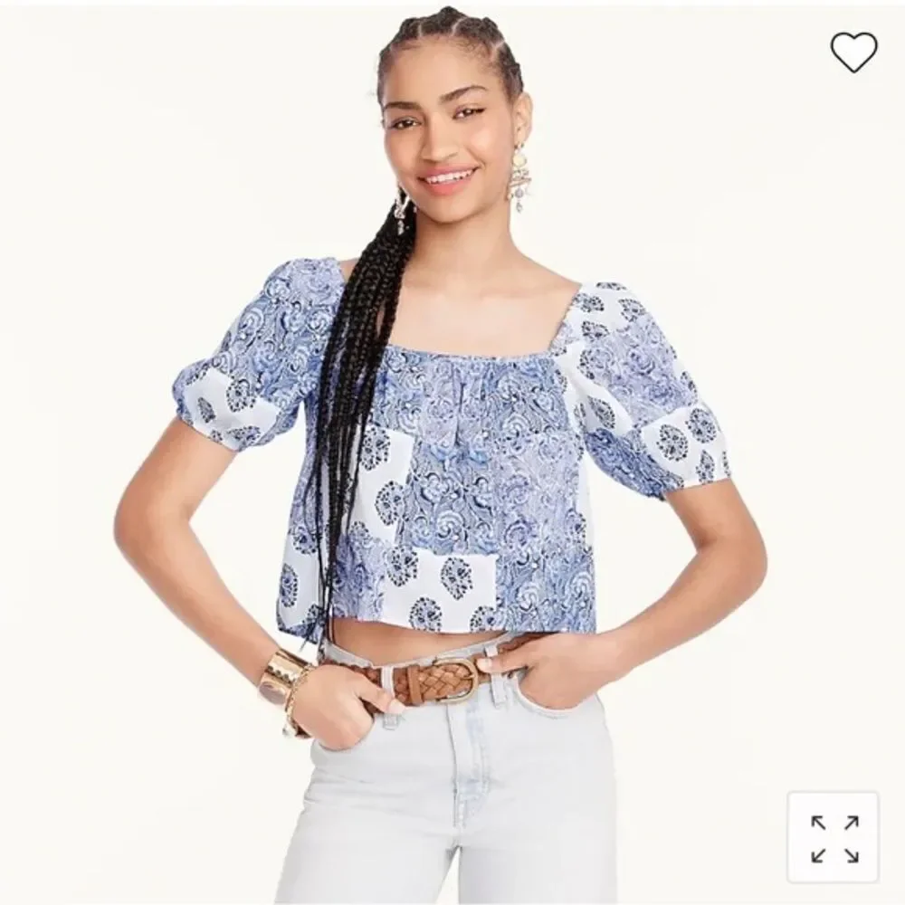J Crew Puff Sleeve Cropped Top in Patchwork Print